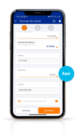 Smartphone recargando celular Entel a través del app BCP
