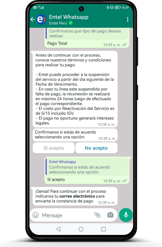 Aceptar pago de recibo Entel