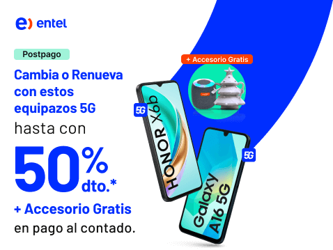 Cambia o Renueva con estos equipazos 5G hasta 50% de dto. + Accesorio Gratis en pago al contado.